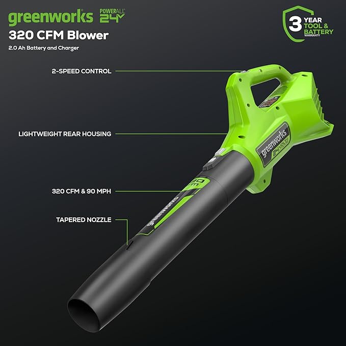 Greenworks 24V (90 MPH / 320 CFM / 150+ Compatible Tools) Cordless Axial Leaf Blower, 2.0Ah Battery and Charger Included