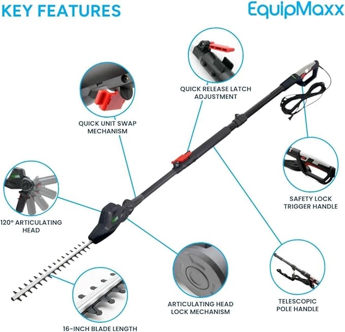Long Reach 2 in 1 Electric (Corded) Pole Hedge Trimmer & Chainsaw, Telescopic Extension Pole Tool for Garden Pruning and Branch Cutting (Extends to 7 1/2 Feet)