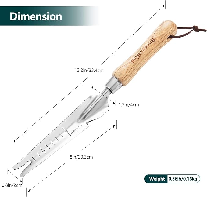 Berry&Bird Garden Hand Weeding Trowel, Stainless Steel Weeder Tool for Gardening with Wooden Handle, Multifunctional Manual Weed Puller & Digging Knife for Planting Transplanting Cutting Measuring