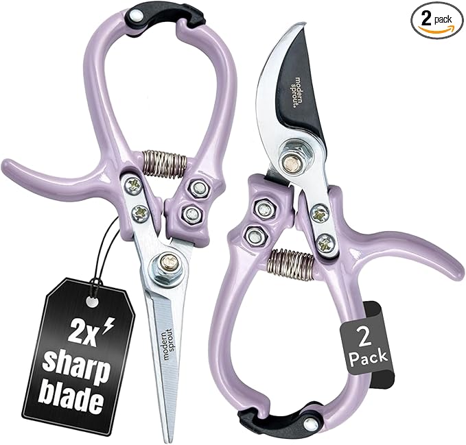 Modern Sprout Hand Pruners & Shears Set - Lightweight Gardening Tools W/Easy Lock - Sharp Carbon Steel Blades -Rust Resistant Scissors for Herbs, Flowers - Reusable Holster - Lavender