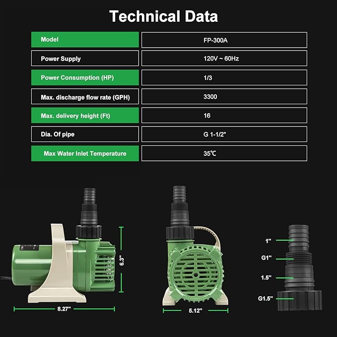Prostormer 1/3HP Submersible Pond Pump, 3300GPH High Flow Water Pump with 16ft Lift Height, Garden Pumps, for Ponds, Fountains, Waterfalls, Hydroponics, Fish Tanks, Indoor & Outdoor Use
