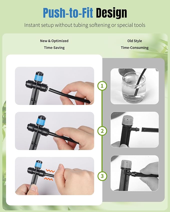 Pawfly 30 Pcs Push-to-Fit Drip Irrigation Emitters for 1/4 Inch Tubing, Two-Way Connection Irrigation Drippers with Adjustable 360 Degree Water Flow, Drip Emitters Sprayers with Stake & End Plugs