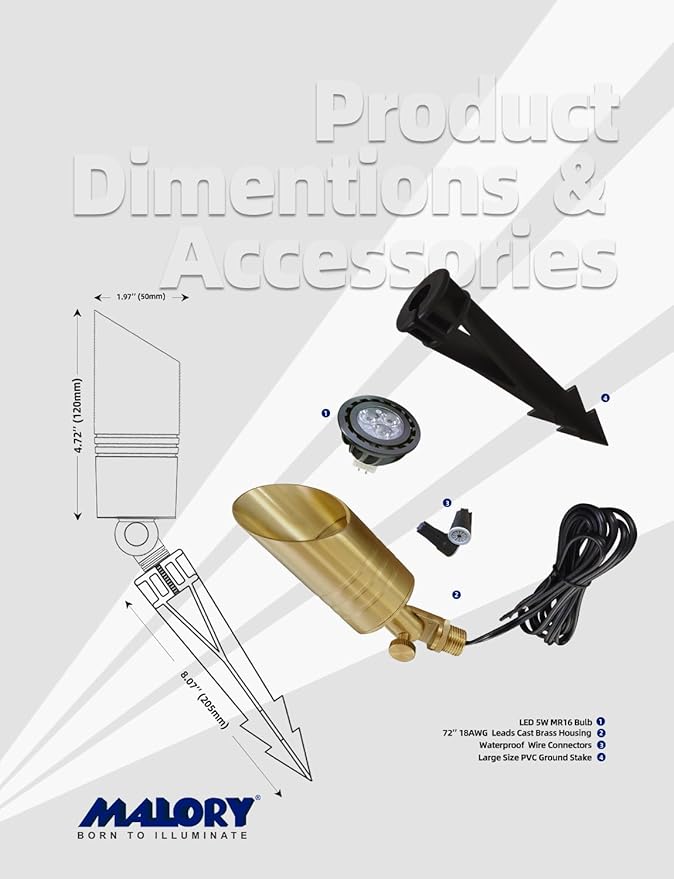 MALORY Brass Landscape Spotlight,12V AC/DC Low Voltage LED Landscape Lighting,Waterproof Spot Up Light for Garden,Patio and Yard (10-Pack with Bulb)