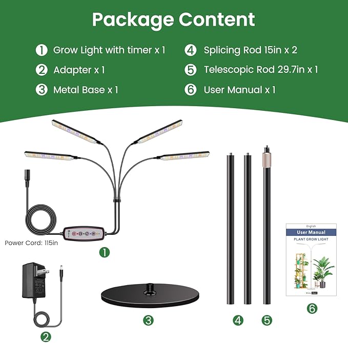 Grow Lights for Indoor Plants with Stand, 4-Heads Full Specturm Plant Grow Light with 4/8/12/16H Timer, 3 Color Modes, 360° Flexible Gooseneck, 24-68.7in Hight Adjustable Grow Lamp, Black