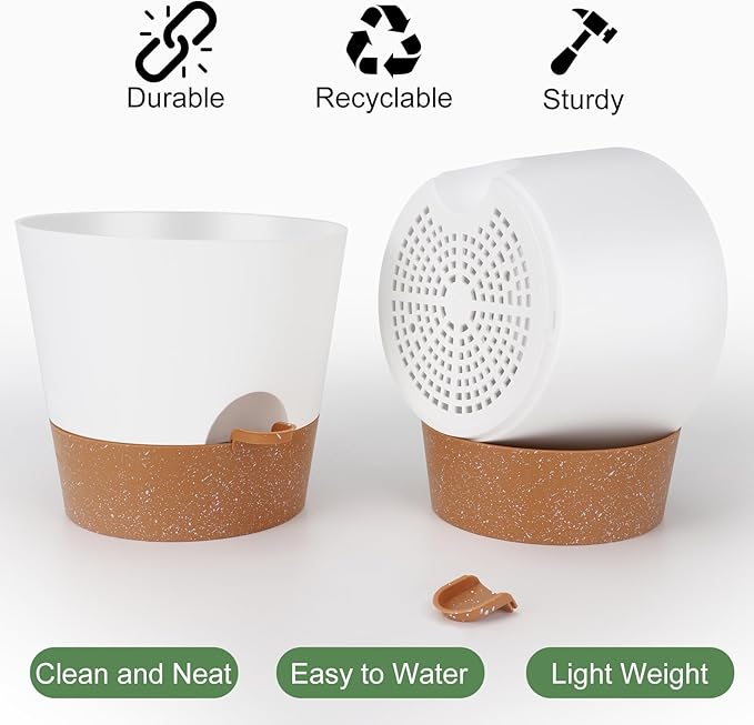 10 inch Plant Pots, Self-Watering Planters with Drainage Holes & Saucers for Indoor and Outdoor Plants (2-Pack,White