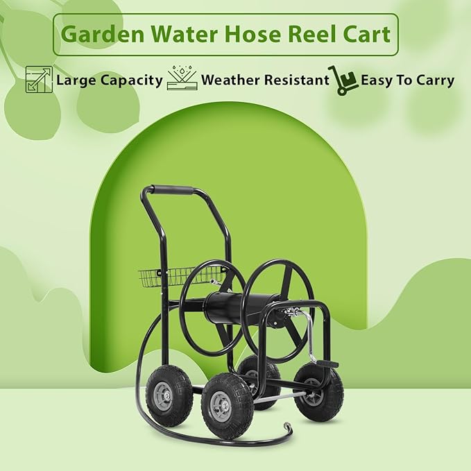 Garden Water Hose Reel Cart Tools with Wheels Garden Lawn Water Truck Water Planting Cart Heavy Duty Outdoor Yard Water Planting Holds 300-Feet of 5/8-Inch Hose with Storage Basket (Black)