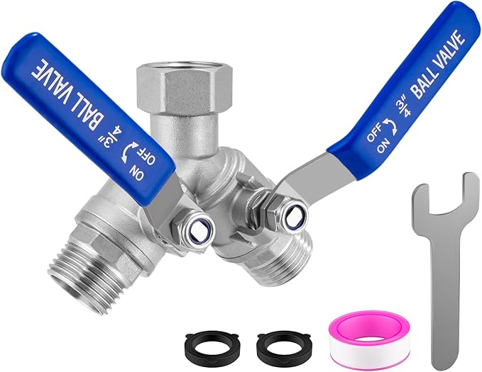 304 Stainless Steel Garden Hose Splitter 2 Way Heavy Duty, Full Flow Water Hose Splitter with Long Handle, Lead-Free, 3/4" GHT Thread, with 2 Washers, 1 Tape & Wrench