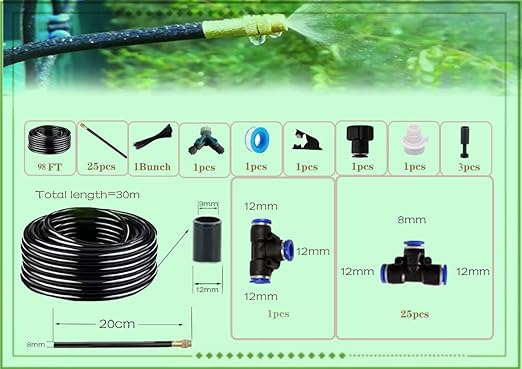 New drip Irrigation kit, Automatic Garden Watering System, Quick Connector and 360-degree Bending Dropper atomizing Copper Nozzle, Garden Plant Lawn Courtyard Watering System.(25spray nozzles)
