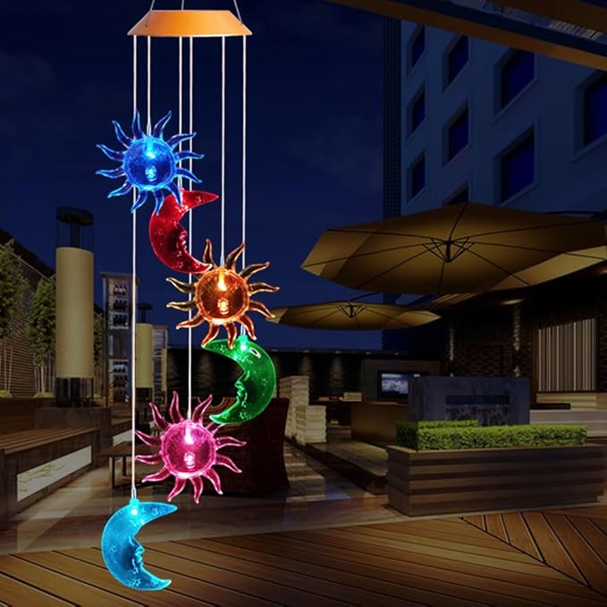 ME9UE Solar Powered Wind Spinner Light, 3 Suns and 3 Moons with 7 Colors Changing Wind Light, Waterproof Hanging Wind Chime Lamp Mobile Suspended Lights for Home Outdoor Garden Lighting Decor