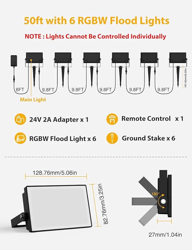 Onforu RGBW Flood Lights Outdoor Remote Control, Color Changing LED Landscape Lights, IP65 Waterproof Uplights for Events, Uplighting for Halloween Christmas Garden Yard Party, Wired 6 Pack 60W