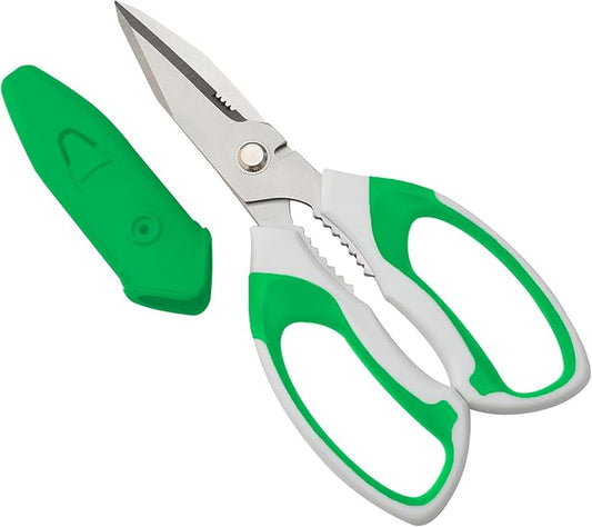 8-Inch Heavy Duty Utility Scissors All Purpose, Serrated Blade, Green Comfort Grip for Cutting Carpet, Cardboard, Leather, Fabric, Multipurpose Sharp Shears for Kitchen, Garden, Office, Carft