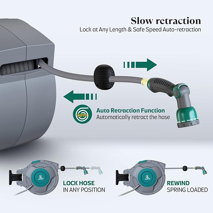 65 ft x 1/2" Retractable Garden Hose Reel, Heavy Duty Water Hose Reel Wall Mounted, Any Length Lock, 180°Swivel, Water Hose with 10-Function Nozzle for Cleaning, Watering (Green)