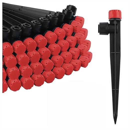 100PCS Drip Irrigation Emitters, Kalolary Adjustable 360 Degree Water Flow Drippers Emitters for 1/4" Drip Irrigation System Tubing, Garden Irrigation Drippers for House Garden Flower beds(Red)