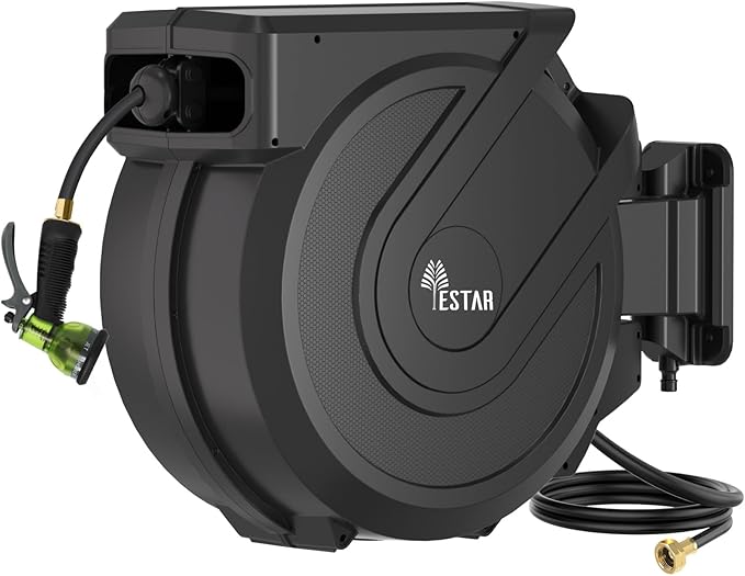 Retractable Garden Hose Reel 5/8" x100 ft, AutomaticHose Reel with 7 Pattern Nozzle, Any Length Lock Wall Mounted &180 Deg Swivel