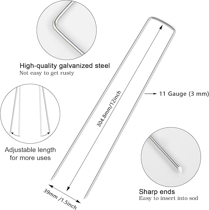 FEED GARDEN 12 Inch 50 Pack Galvanized Landscape Staples 11 Gauge Anti-Rust Garden Stakes Landscaping Fabric SOD Pins Yard Stakes for Weed Barrier Fabric