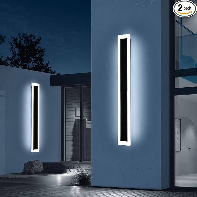 Upgrade Widened 2 Pack Long Outdoor Modern LED Wall Light, 47.2inch Large Black Wall Sconce, 3 Color 3000K/4500K/6000K, IP65 Waterproof, 41W, Exterior Lighting Fixture for House, Fence, Yard, Patio