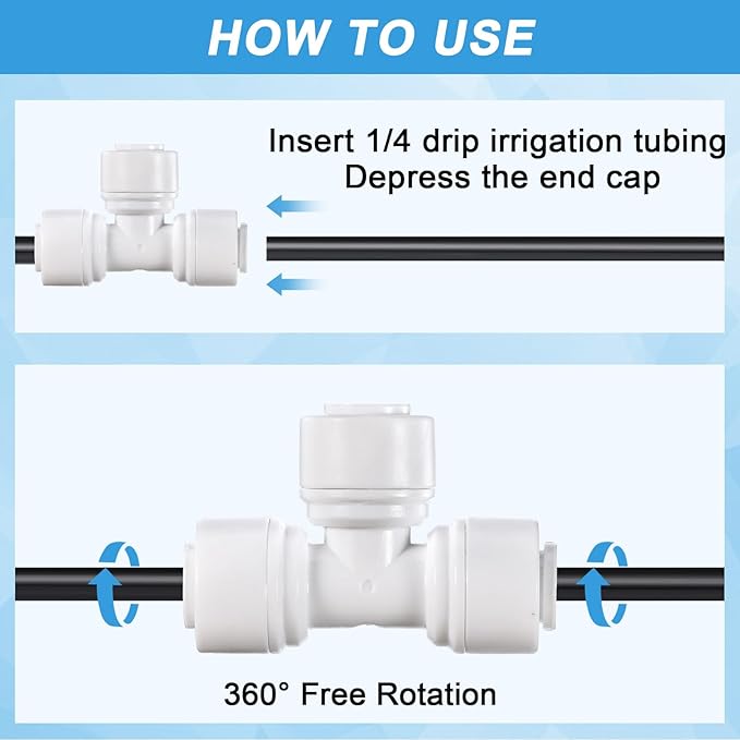 30 Pcs 1/4" Drip Irrigation Tee Connectors for Tube Quick Connect Parts Fittings for 1/4 Inch(6.35mm) Irrigation Tubing or Sprinkler(White,Tee Connector)