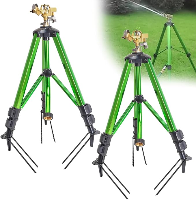 BAUSATZ Outdoor Water Sprinkler for Yard Lawn Sprinkler with Brass Sprinkler Head Tripod Hose Sprinkler 360 Degree Rotating Tripod Sprinkler Adjustable Garden Sprinkler Heavy Duty Impact Sprinkler 2pc