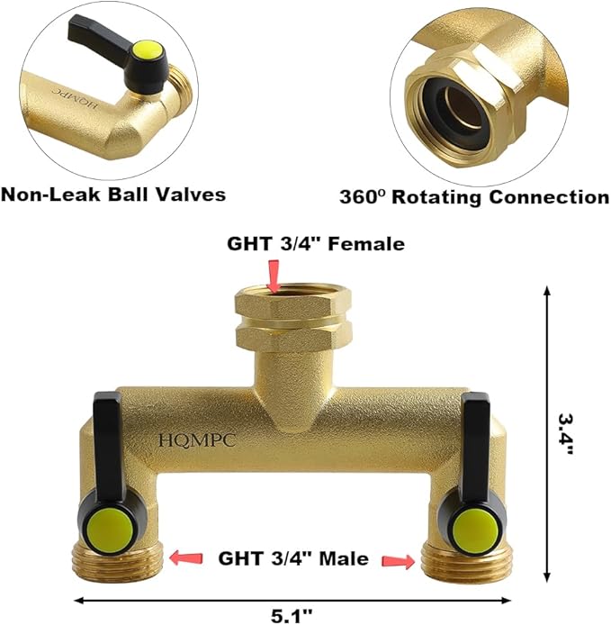 HQMPC 2 Way Hose Splitter Heavy Duty Water Splitter Outdoor 2 Way Strong HEX Nut Connect 3/4" GHT