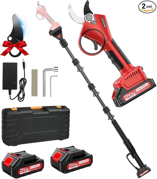 Electric Pruning Shears with Pole, 2-in-1 Cordless Pruning Shears 1.6" with SK7 Blade,8FT Reach,800W Brushless Motor,2 x 21V 2000 mAh Batteries,6–10Hs,Tree Branch Cutter for Gardening Pruning