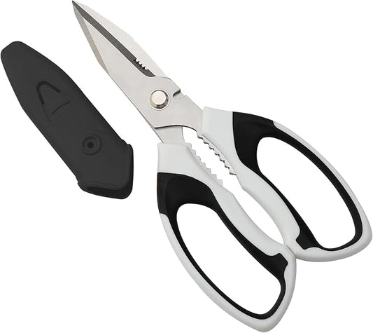 8-Inch Heavy Duty Utility Scissors All Purpose, Serrated Blade, White Comfort Grip for Cutting Carpet, Cardboard, Leather, Fabric, Multipurpose Sharp Shears for Kitchen, Garden, Office, Carft
