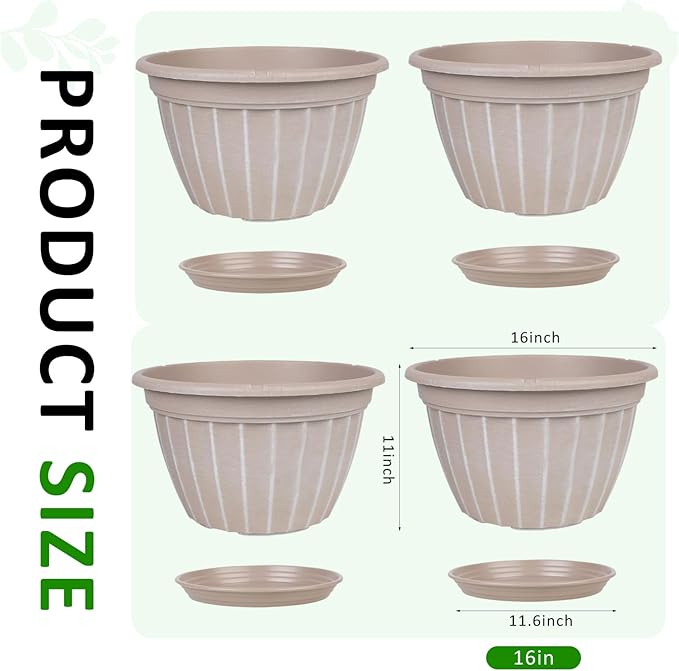 FGstyle 4 Pack 16 inch Plant Pots, Retro Vertical Stripe Planters with Drainage Holes and Saucer, Sturdy Plastic Garden Flower Pots for Indoor & Outdoor Plants(Beige)