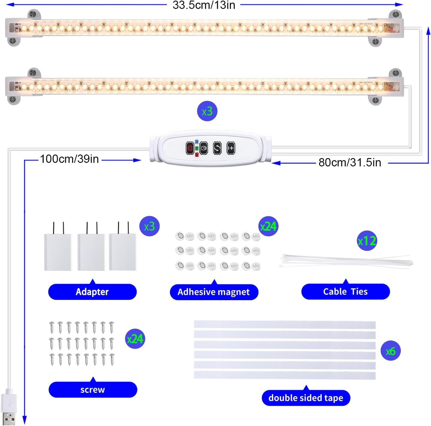 13 Inches Strip Growing Lamp for Indoor Plants, 3500K Full Spectrum LED Grow Light Strips with Auto ON/Off, 3/9/12H Timer & 10 Dimmable Levels for Green House Succulent (2 Head×3 Pack)