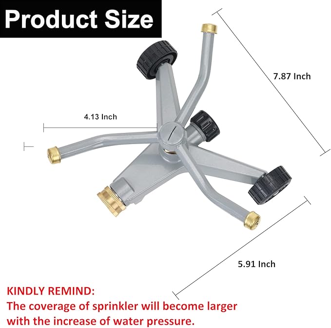 STYDDI Metal Rotating Water Sprinkler for Lawn, Heavy Duty Metal 3-Arms Whirling 360 Degree Automatic Rotary Sprinkler with Wheeled Base for Small Areas, Garden, Yard, Cover up to 1,384 Sq. ft.