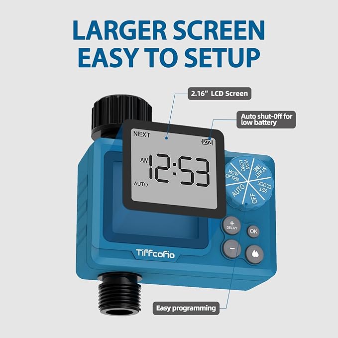 TiFFCOFiO Sprinkler Timer Outdoor, Digital Pogrammable for Garden Hose, Irrigrtion Timer with Rain Delay and Manual Mode (1 Pack)