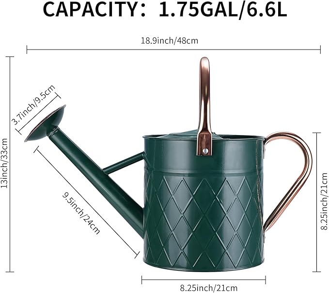 1.75 Gallon Outdoor Metal Watering Can for Garden Plants, Vintage Zinc Watering Can with Removable Spray Spout, Ideal for Outdoor Use (Green)