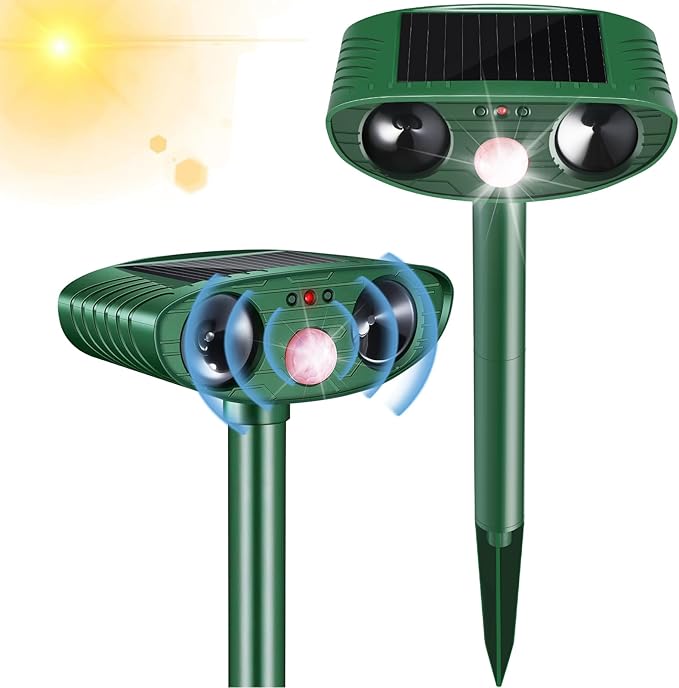 2 Pack Solar Animal Repeller Outdoor, Cat Deterrent with Ultrasonic & Flashing LED - Night Time Motion Activated Pest Control for Garden Yard to Repel Cats, Raccoons, Deer, Skunks, Squirrels