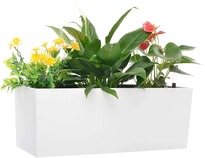 GardenBasix 7.5''x20'' White Self Watering Rectangle Planter Pots with 10 Quarts Coco Soil, Indoor Outdoor, Easy to Observe Water Level, Stylish and Simple