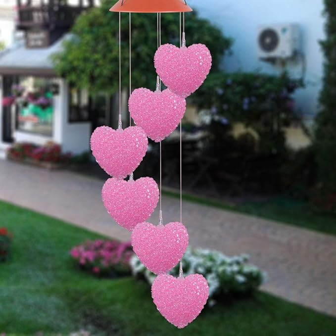 ME9UE Solar Pink Heart Wind Chimes, Outdoor Waterproof Mobile Romantic LED Color-Changing Multi Solar Sensor Powered Wind Chimes Lights for Home, Yard, Night Garden, Party, Festival Decor