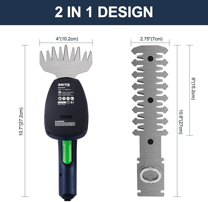 ZEITE 7.2V Grass Shear & Shrubbery Trimmer, 2-in-1 Cordless Grass Cutter and Mini Hedge Trimmer, Rechargeable Li-ion Battery and Charger,Long Handle,Versatile Garden Tool for Grass & Bush Trimming