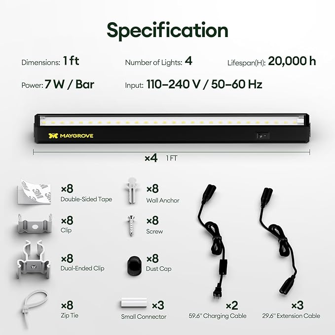 Plant Grow Lights 1FT, Sun-Like Full Spectrum 5000K, 28W(4 x 7W), T5 LED Grow Light Strips for Indoor Plants and Flowers, High PPFD, Linkable, Black, 4-Pack