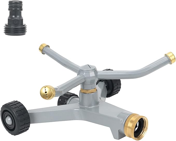 STYDDI Metal Rotating Water Sprinkler for Lawn, Heavy Duty Metal 3-Arms Whirling 360 Degree Automatic Rotary Sprinkler with Wheeled Base for Small Areas, Garden, Yard, Cover up to 1,384 Sq. ft.