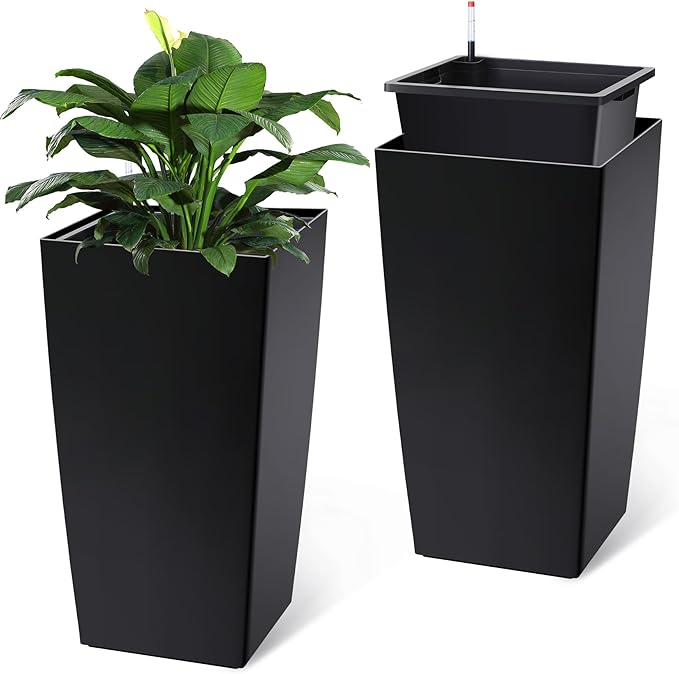 GarveeLife 30 in Tall Planters Set of 2, Outdoor&Indoor Black Planter Pots, High Front Porch Planter Pots With Drainage Holes&Water Level Monitor Movable Wheels &Inner Bucket, Automatic Watering,Black