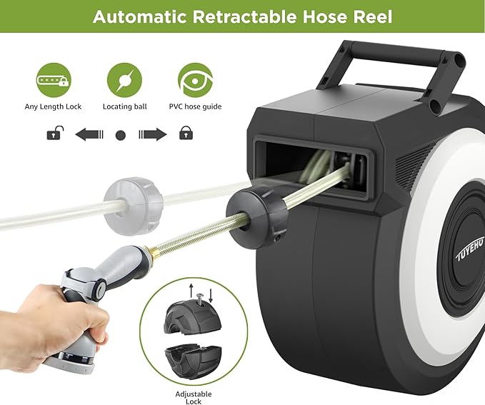 Tuyeho Retractable Garden Hose Reel 100FT, Wall Mount Heavy Duty Water Hose Reels with Automatic Slow Rewind System, Outdoor Hoses Reel with 2 Hose Nozzles for Garden Watering, Car Wash, Pet Shower