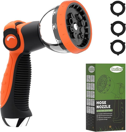 Garden Hose Nozzle, Hose Sprayer Nozzle with 10 Spray Patterns, Thumb Control On Off Valve, High Pressure Metal Water Hose Nozzle for Car Wash, Plants, Pets & Outdoor Cleaning, Orange