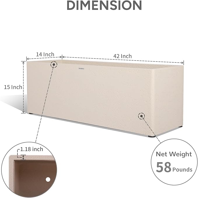 42 Inch Rectangular Concrete Planter(42Lx14Wx15H,58 Pounds),Durable All-Weather Use with Drainage Holes,Large Rectangular Planter for Outdoor Indoor Plants