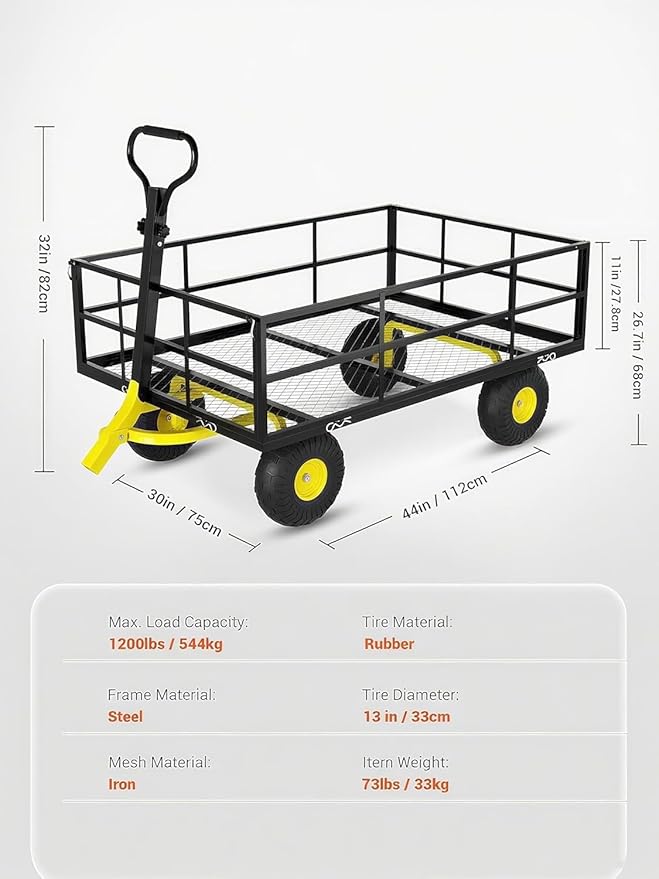 Metal Wagon - 1200lbs Garden Cart with 10" Multi-Terrain Tires, 4 Removable Mesh Sides & 180° Swivel Handle, Yard Wagon Cart for Lawn, Yard, Patio Gardening