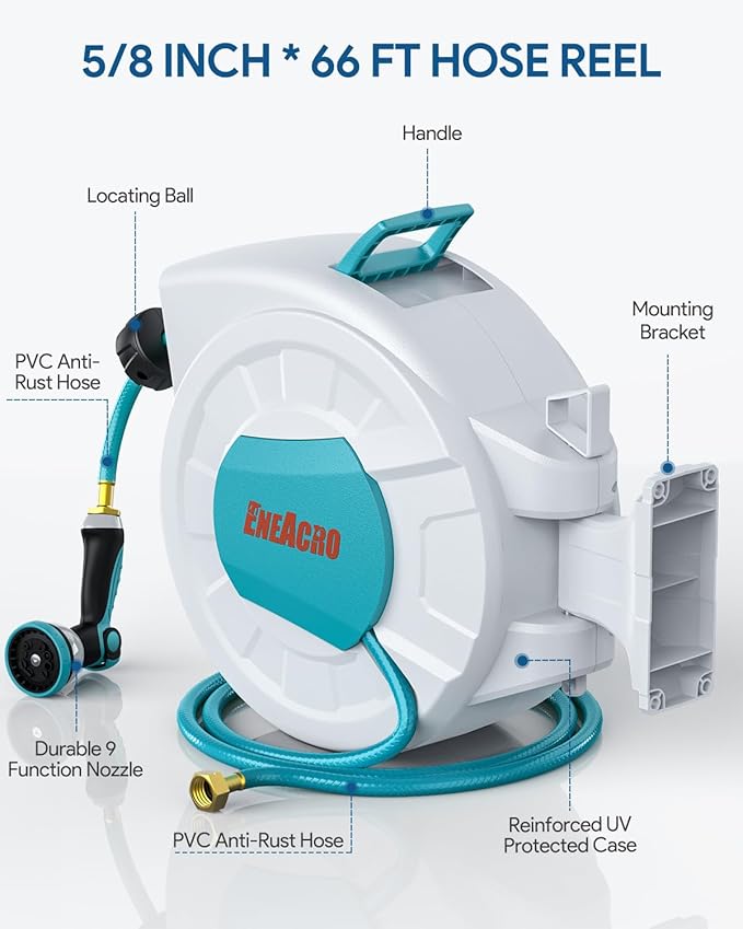 ENEACRO Retractable Garden Hose Reel with Wall Mount 5/8"×66FT with 10 Pattern Hose Nozzle, Brass Connector, Auto Rewind/Any Length Lock/ 180° Swivel Bracket, Ideal for Garden Watering