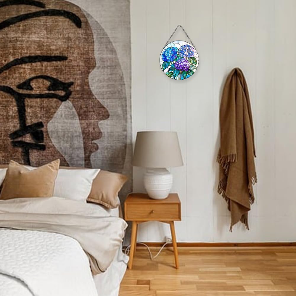 Hydrangea Flower Stained Glass Sun Catcher - Handmade Vibrant Window Hanging Decor with Chain & Hook, Floral Art for Home & Garden, Unique Gift for Women & Plant Lovers (Blue, 14.9*14.9IN)