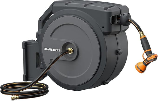 Giraffe Tools AW40 Retractable Hose Reel 5/8" x 90 ft Wall Mounted Garden Hose Reel Heavy Duty, Automatic Rewind, 180 Deg Swivel, Any Length Lock, 9 Pattern Nozzle, 90 ft, Dark Grey