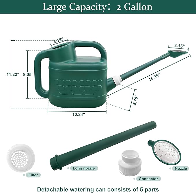 2 Gallon Watering Can, Garden Watering Can Outdoor, Plant Water Can with Removable Long Spout and Stainless Steel Sprinkler Head, Large Plastic Outdoor Watering Cans for Gardening Flower Plants