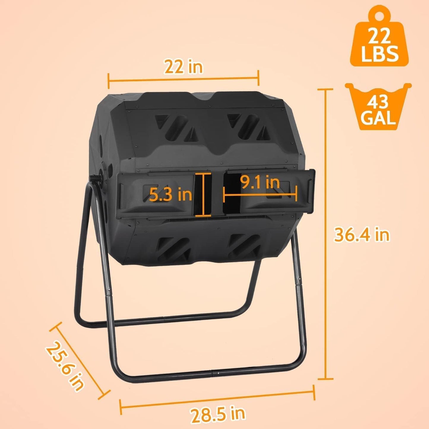 Outdoor Dual Chamber Tumbling Composter - 43 Gallon Compost Tumbling Bin,360° Compost Tumbler Bucket Trash Can,Composter BPA Free Dual Chamber Composting Rotating for Garden Yard (Black)…