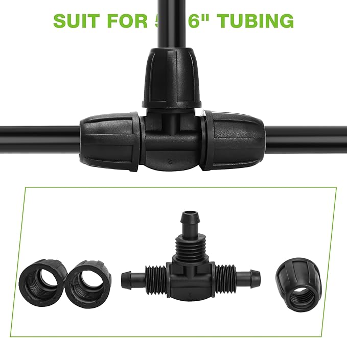 Bonviee 6 Pack 5/16 Inch Drip Irrigation Tee Connectors, Barbed Lock Fittings for 1/2” Tubing, Leak-Proof 3-Way Coupler for Garden Hose, Drip System Repair & Extension