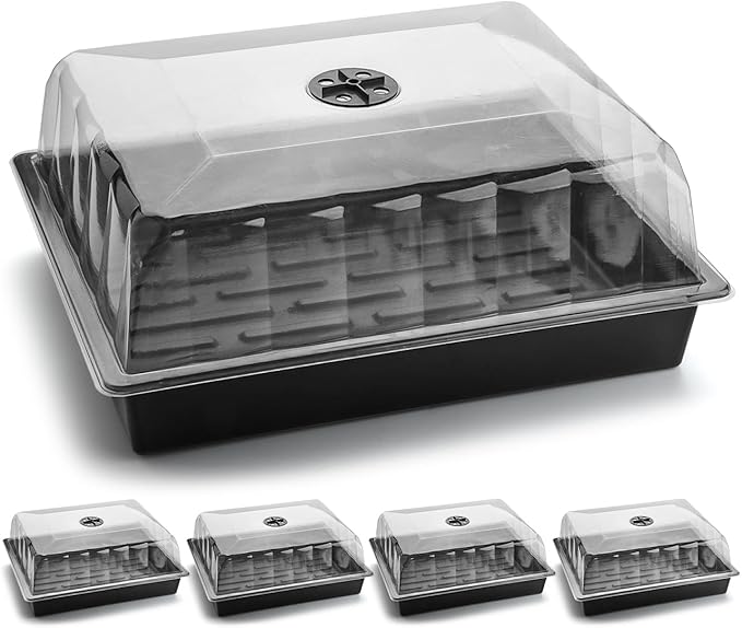 Leak-Proof Seed Starter Trays with 4" Humidity Dome & Drip Tray - 5-Pack Heavy-Duty Plastic Propagation Kit for Herbs, Microgreens, Indoor Gardening, Durable Reusable Plant Growing Trays