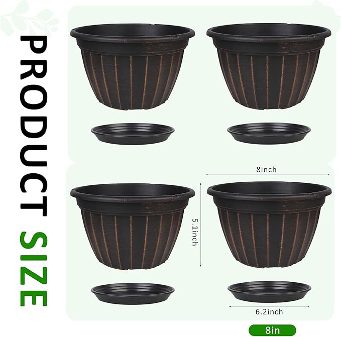 FGstyle 4 Pack Flower Pots,8 Inch Plants Pot,Planters Pot with Drainage Hole & Saucer,Modern Planters for Indoor Outdoor Plants,Decorative Resin Garden Pots for Outdoor Indoor Home Plants (Black)