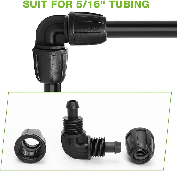 Bonviee 6 Pack 5/16” Drip Irrigation Elbow Connectors, 90° Barbed Lock Fittings for 5/16 Inch Tubing, Leak-Proof Corner Connector for Garden Hose Layout, Irrigation System Repair and Setup